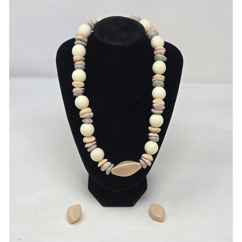 Chunky Pastel Nugget Bead Necklace Earring Set Retro 80s Cream Gray Mauve 18"